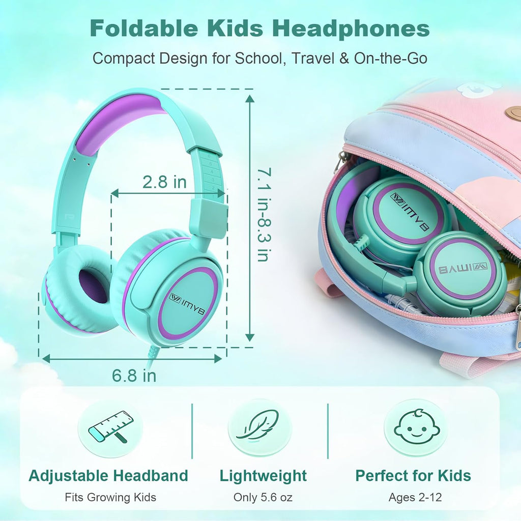 IMYB V1 Kids Headphones. 85dB Wired for School. Toddler 2-12 Boys Girls | Adjustable Foldable Durable Cord. iPad Kindle Tablet Chromebook 3.5mm Ov-Ear for Teens Travel Plane (Green)