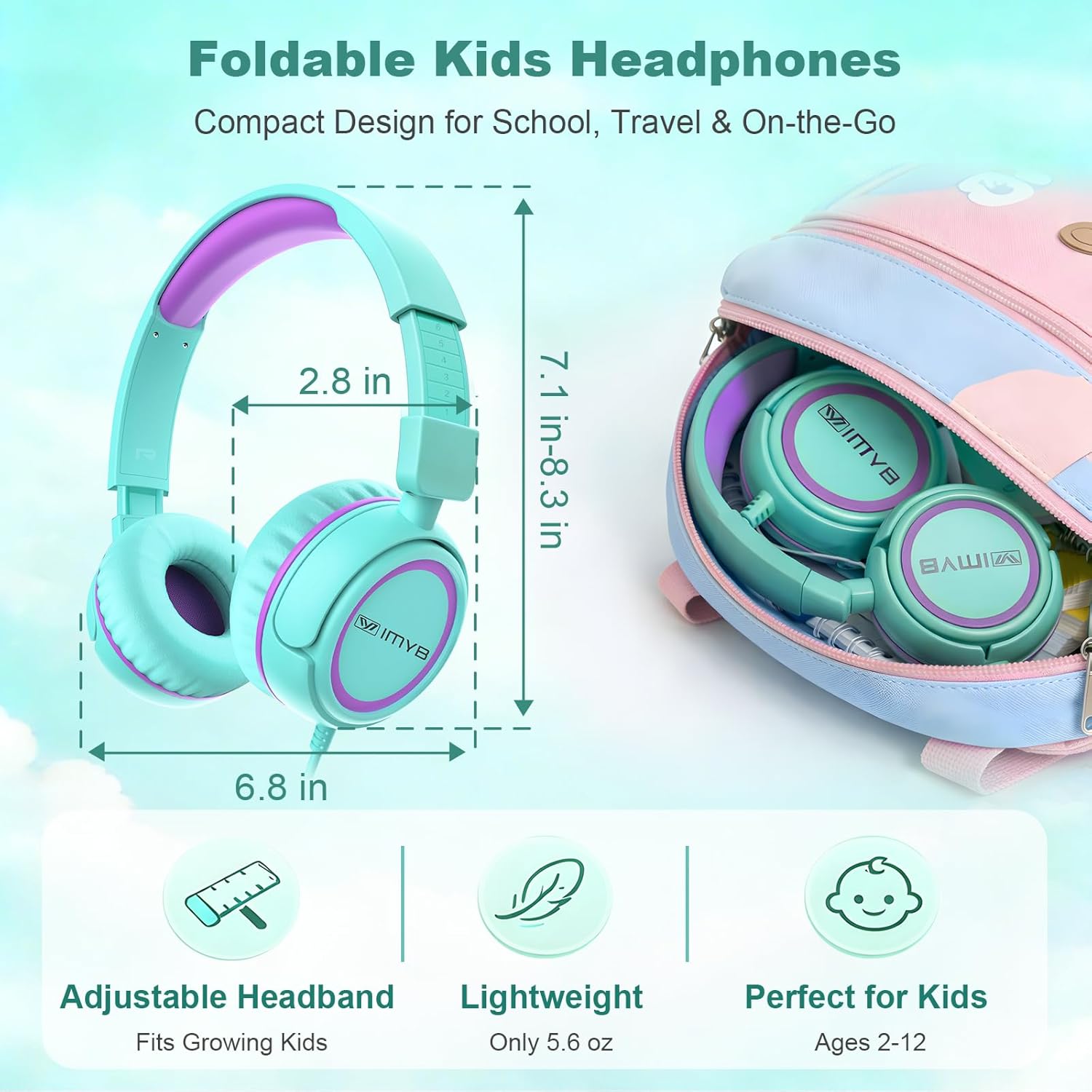 IMYB V1 Kids Headphones. 85dB Wired for School. Toddler 2-12 Boys Girls | Adjustable Foldable Durable Cord. iPad Kindle Tablet Chromebook 3.5mm Ov-Ear for Teens Travel Plane (Green)