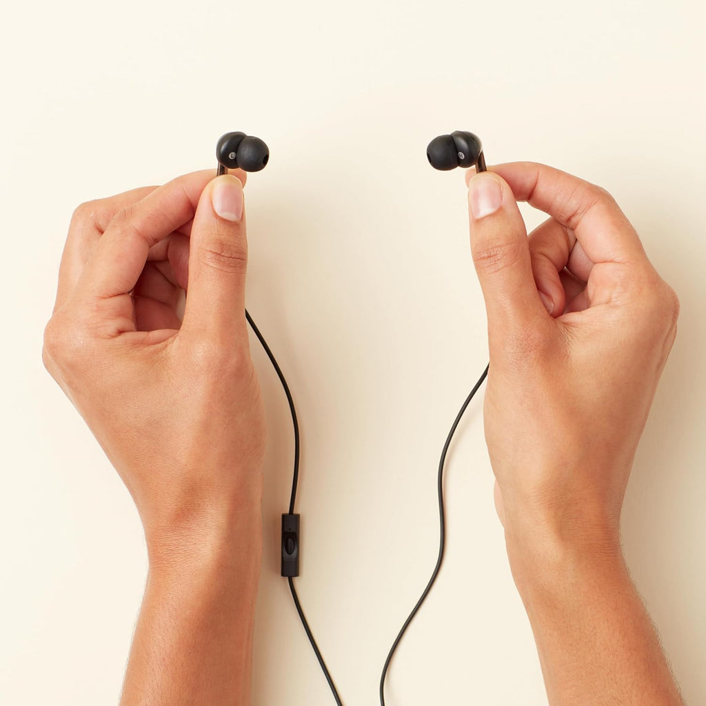 Amazon Basics Wired Earbuds with Microphone. In-Ear Headphones. 3.5mm Jack. High Definition Sound. Secure Fit. 4.2 ft Cable. S/M/L Ear Tips. Black