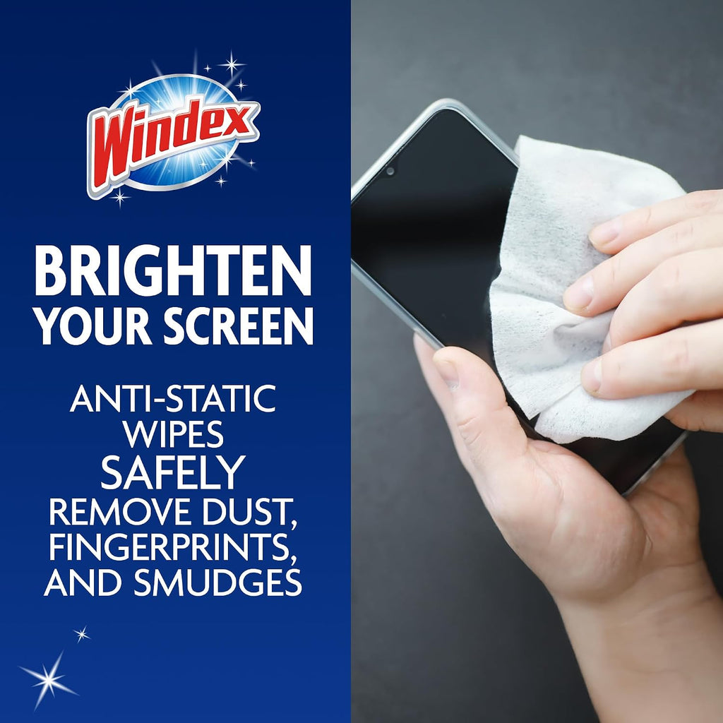 Windex Electronic Cleaning Wipes. Anti-Static & Ammonia-Free. 25 Count | Pre-Moistened Wipes for Monitors. Computer Screens. Laptops. TVs. Phones & More. Resealable Pack with Freshness Lock