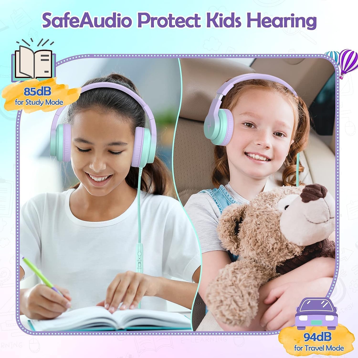 Candy Bila Wired Kids Headphones for School. Over-Ear for Boys Girls | Volume Limiter 85/94dB. HD Stereo Sound. Microphone and Wired Control.Foldable Design. Gradient Purple