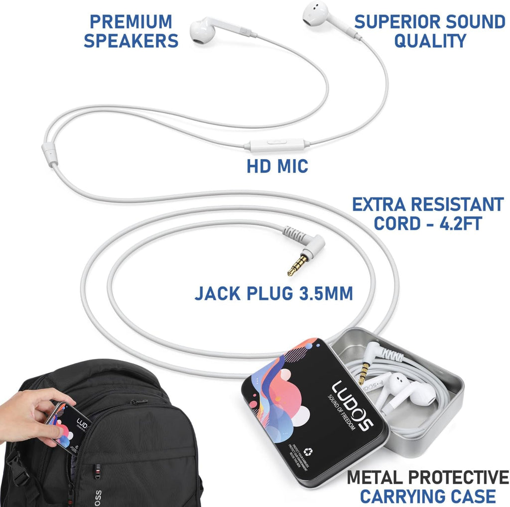 LUDOS FEROX Wired Earbuds in-Ear Headphones. 5 Year Warranty. Earphones with Microphone. Noise Isolation Corded for 3.5mm Jack Ear Buds for iPhone. Samsung. Computer. Laptop. Kids. School Students