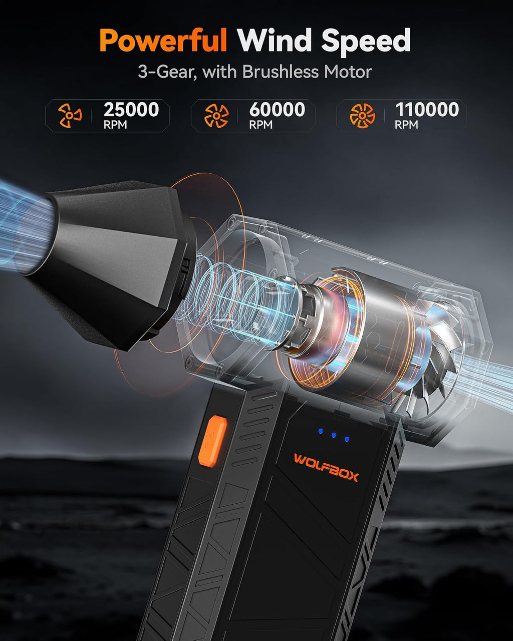 WOLFBOX MegaFlow 50 Compressed Air Duster. 110.000 RPM. 3-Gear Adjustable | Electric. Mini Blower. Fast Charging. Computer. Keyboard. House. Outdoor. Car. 0.45 lb Lightweight. 4 Nozzles