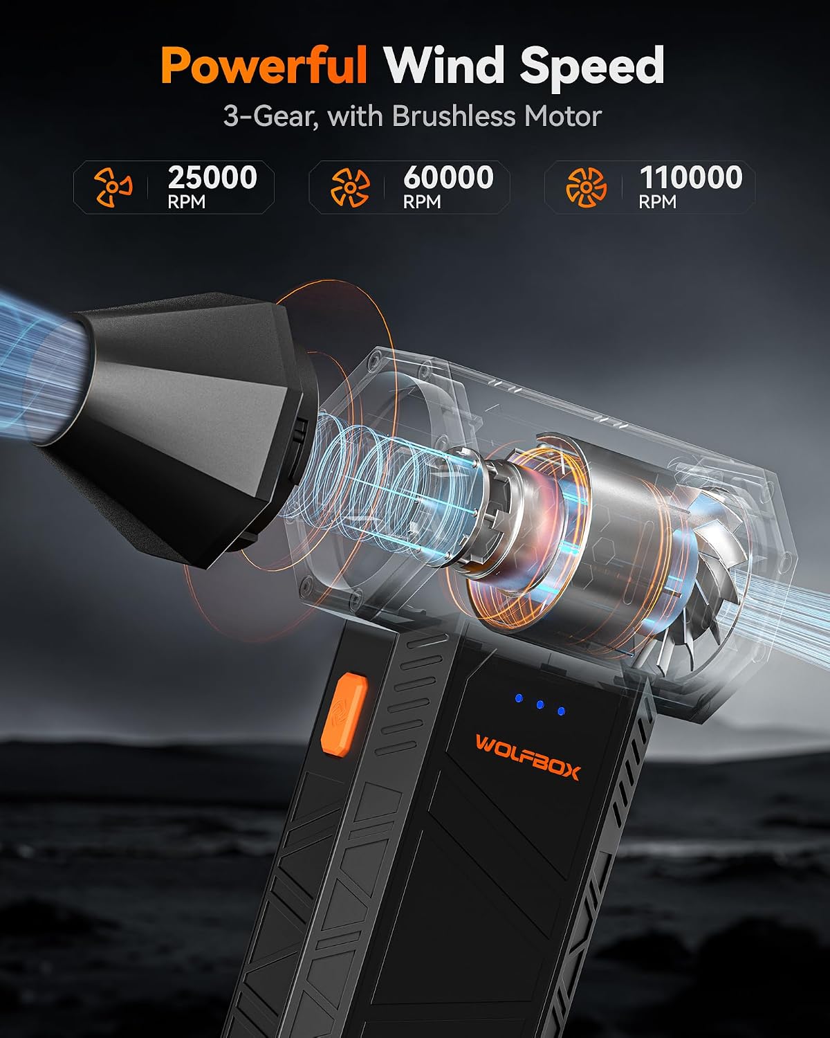 WOLFBOX MegaFlow 50 Compressed Air Duster. 110.000 RPM. 3-Gear Adjustable | Electric. Mini Blower. Fast Charging. Computer. Keyboard. House. Outdoor. Car. 0.45 lb Lightweight. 4 Nozzles