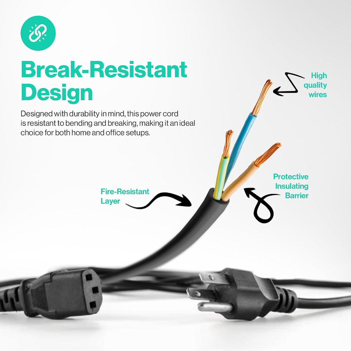 Standard 5ft (1.5m) 10 Amps 125 Volts Black 3 Prong AC Power Cord Cable for Electronics. TV. Computer. Printer. Radio. Monitor. Samsung. Dell. Vizio. LG. Asus. Laptop and More