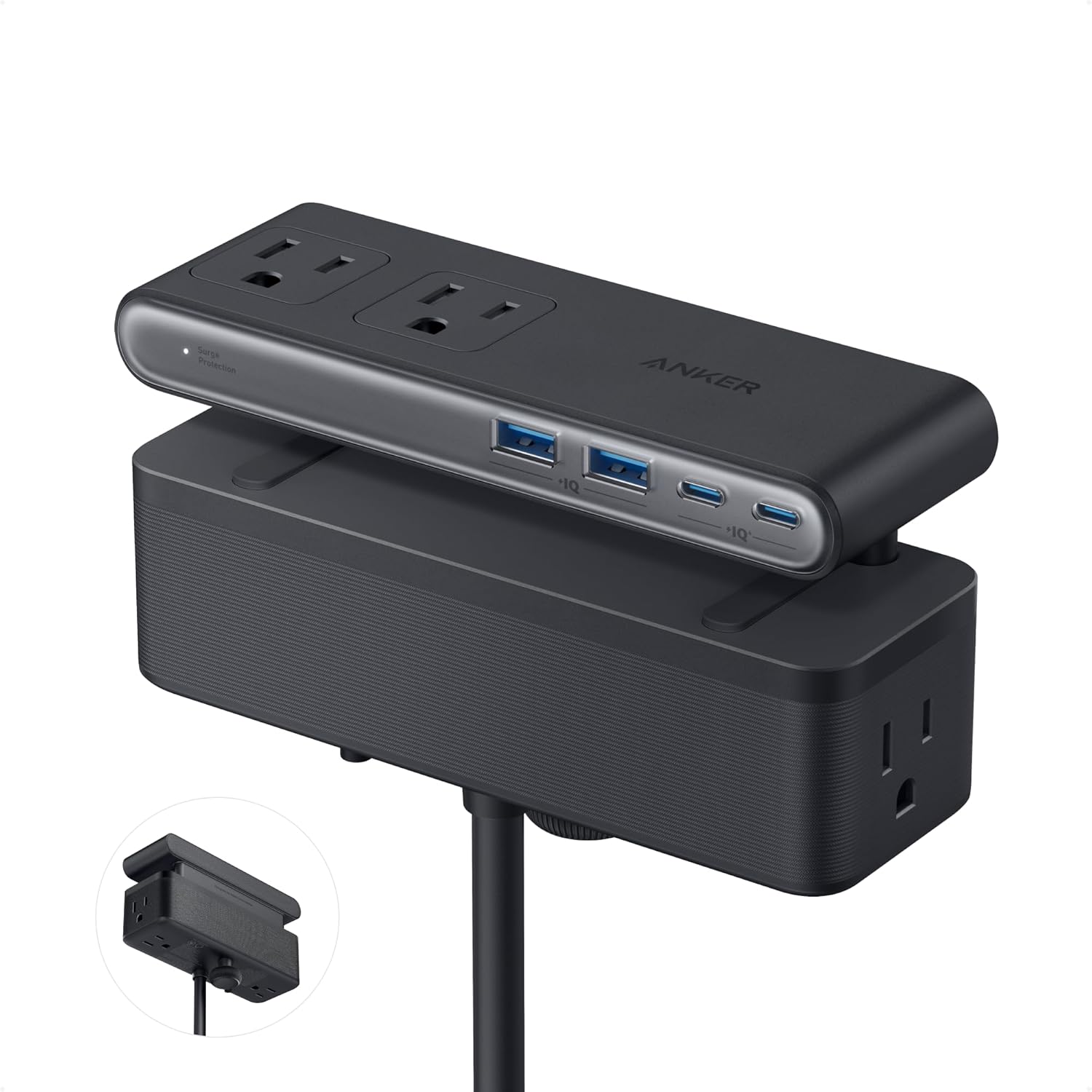 Anker Nano Power Strip. Desk Clamp. 70W Max. 1500J Surge Protector. 2 USB C | 6AC 5ft Extension Cord. Outlet Extender Desk Organizer Gaming Accessories Home Office Essentials. Fit 0.6~1.8'' Tabletop Edge