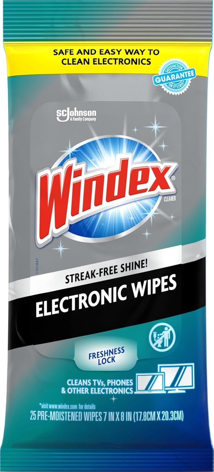 Windex Electronic Cleaning Wipes. Anti-Static & Ammonia-Free. 25 Count | Pre-Moistened Wipes for Monitors. Computer Screens. Laptops. TVs. Phones & More. Resealable Pack with Freshness Lock