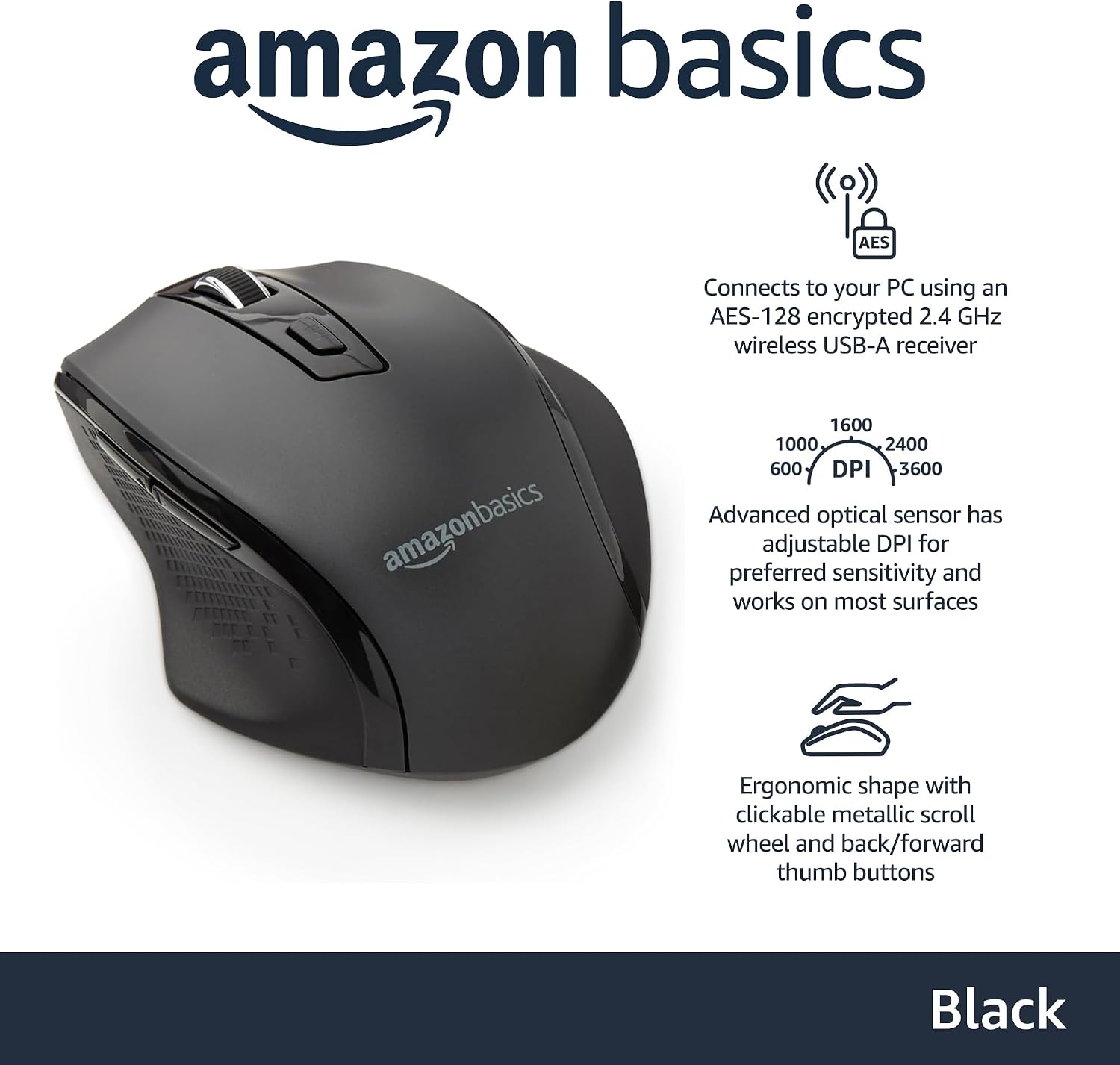 Amazon Basics Portable Wireless Computer Mouse. Ergonomic. 2.4 GHz Optical. DPI Adjustable. Easy to Use. Compatible With PC. Mac. Laptop. Black
