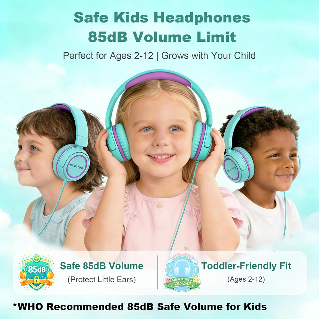 IMYB V1 Kids Headphones. 85dB Wired for School. Toddler 2-12 Boys Girls | Adjustable Foldable Durable Cord. iPad Kindle Tablet Chromebook 3.5mm Ov-Ear for Teens Travel Plane (Green)