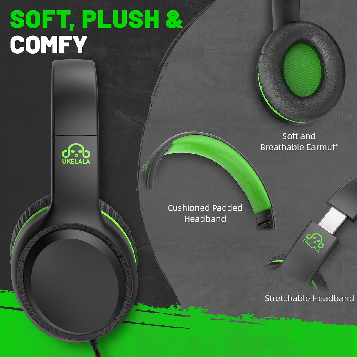 UKELALA U2 Wired Headphones for Kids for School Boys Girls w/ 3.5mm Jack | Foldable Lightweight Corded Head Phones On-Ear Compatible with Chromebooks Laptop Phones for Youth Student Child Black Green