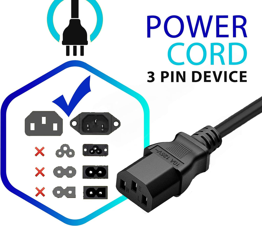 Standard 5ft (1.5m) 10 Amps 125 Volts Black 3 Prong AC Power Cord Cable for Electronics. TV. Computer. Printer. Radio. Monitor. Samsung. Dell. Vizio. LG. Asus. Laptop and More