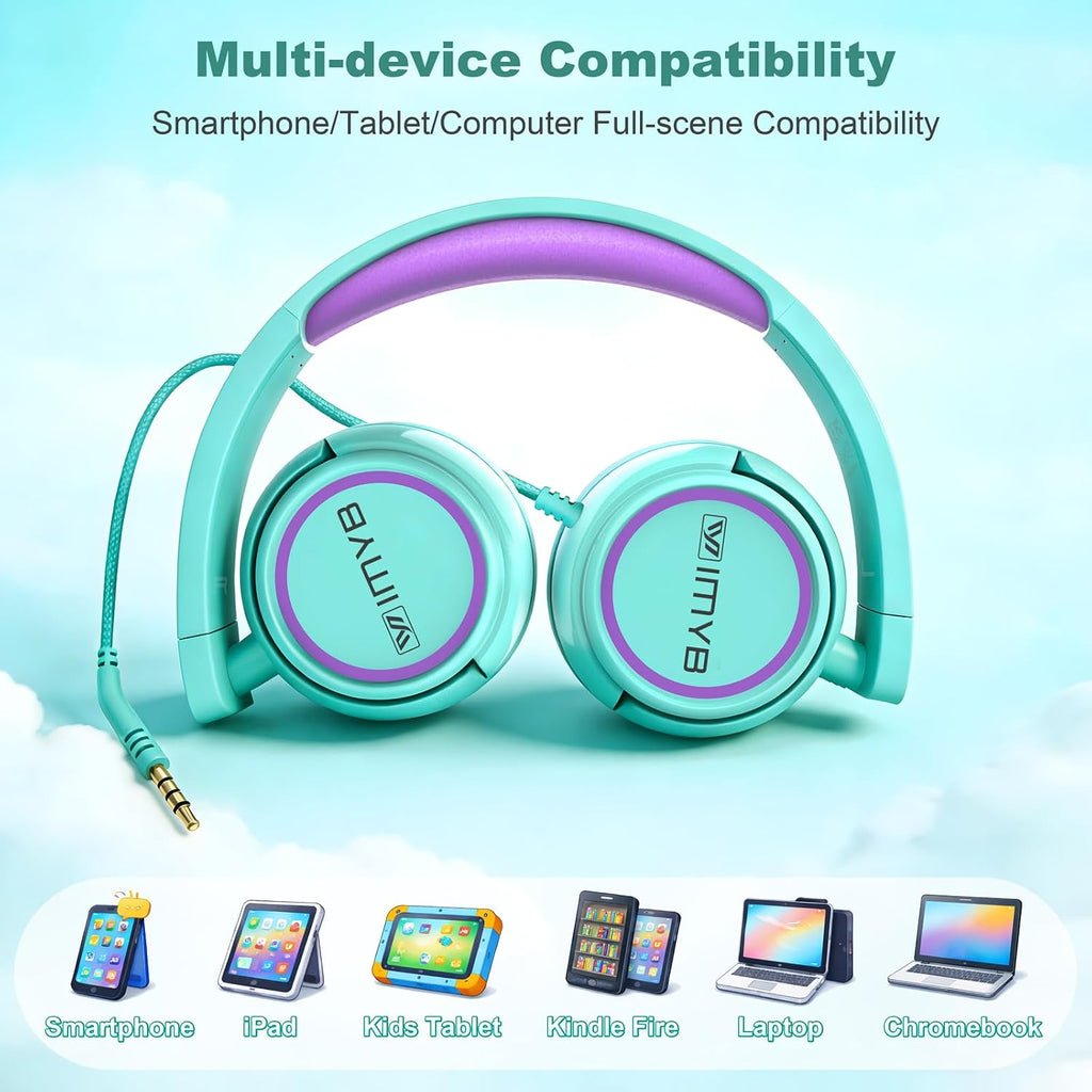 IMYB V1 Kids Headphones. 85dB Wired for School. Toddler 2-12 Boys Girls | Adjustable Foldable Durable Cord. iPad Kindle Tablet Chromebook 3.5mm Ov-Ear for Teens Travel Plane (Green)