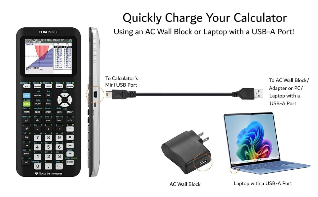 TI84 TI-84 Plus CE Charger Cable for Texas Instruments Graphing Calculators | T1-84 ti 84 Plus CE Python Nspire cx ii Data Power / Charging Cord. TI84 Graphing Calculator Charger Cable