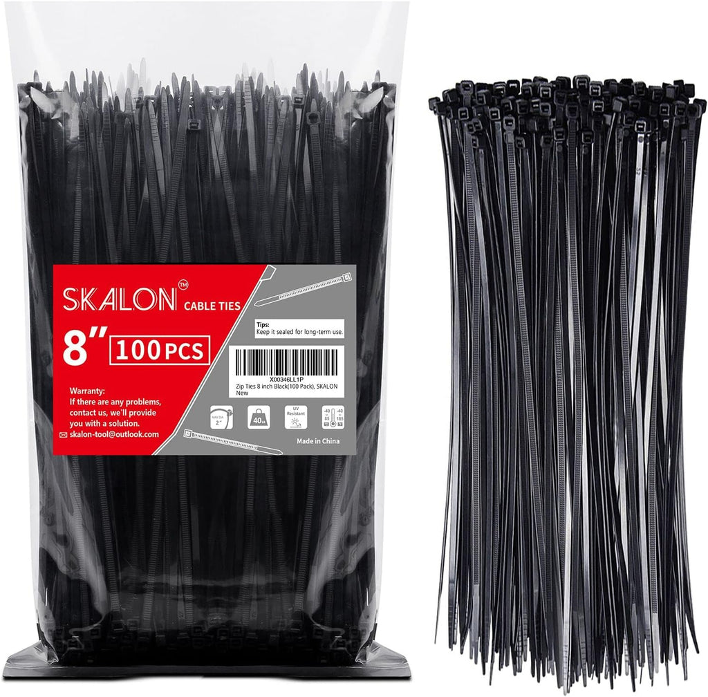 Zip Ties 8 inch (100 Pack). 40lbs Tensile Strength. Black Cable Ties. Wire Ties for indoor and outdoor use. by Skalon