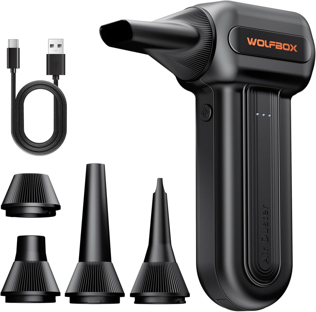 WOLFBOX MF60 Compressed Air Duster. 3-Speed Adjustable. Electric. Cordless | 110.000 RPM. Rechargeable. Air Blower. Fast Charging. PC Keyboard Cleaning. Car. Home. Black. 0.5 lb Lightweight