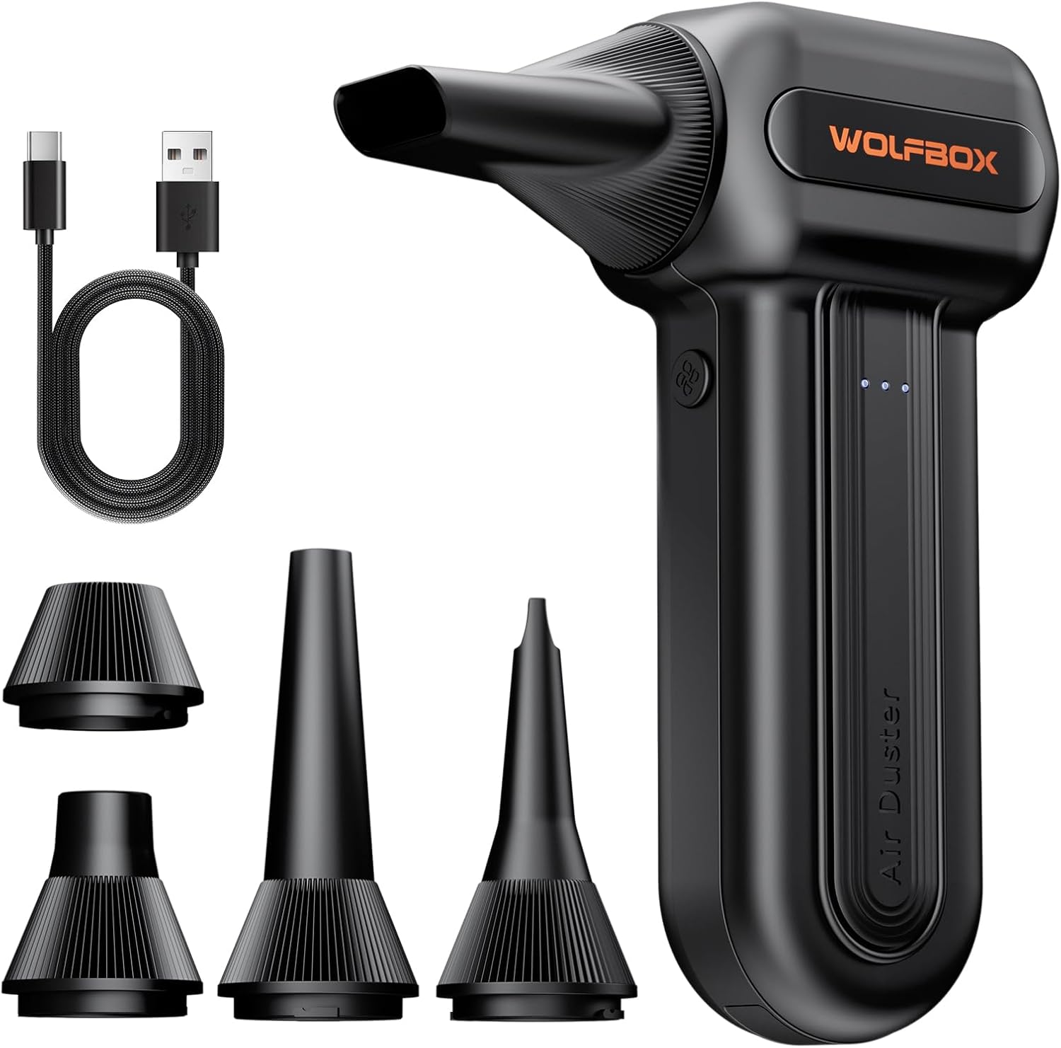 WOLFBOX MF60 Compressed Air Duster. 3-Speed Adjustable. Electric. Cordless | 110.000 RPM. Rechargeable. Air Blower. Fast Charging. PC Keyboard Cleaning. Car. Home. Black. 0.5 lb Lightweight