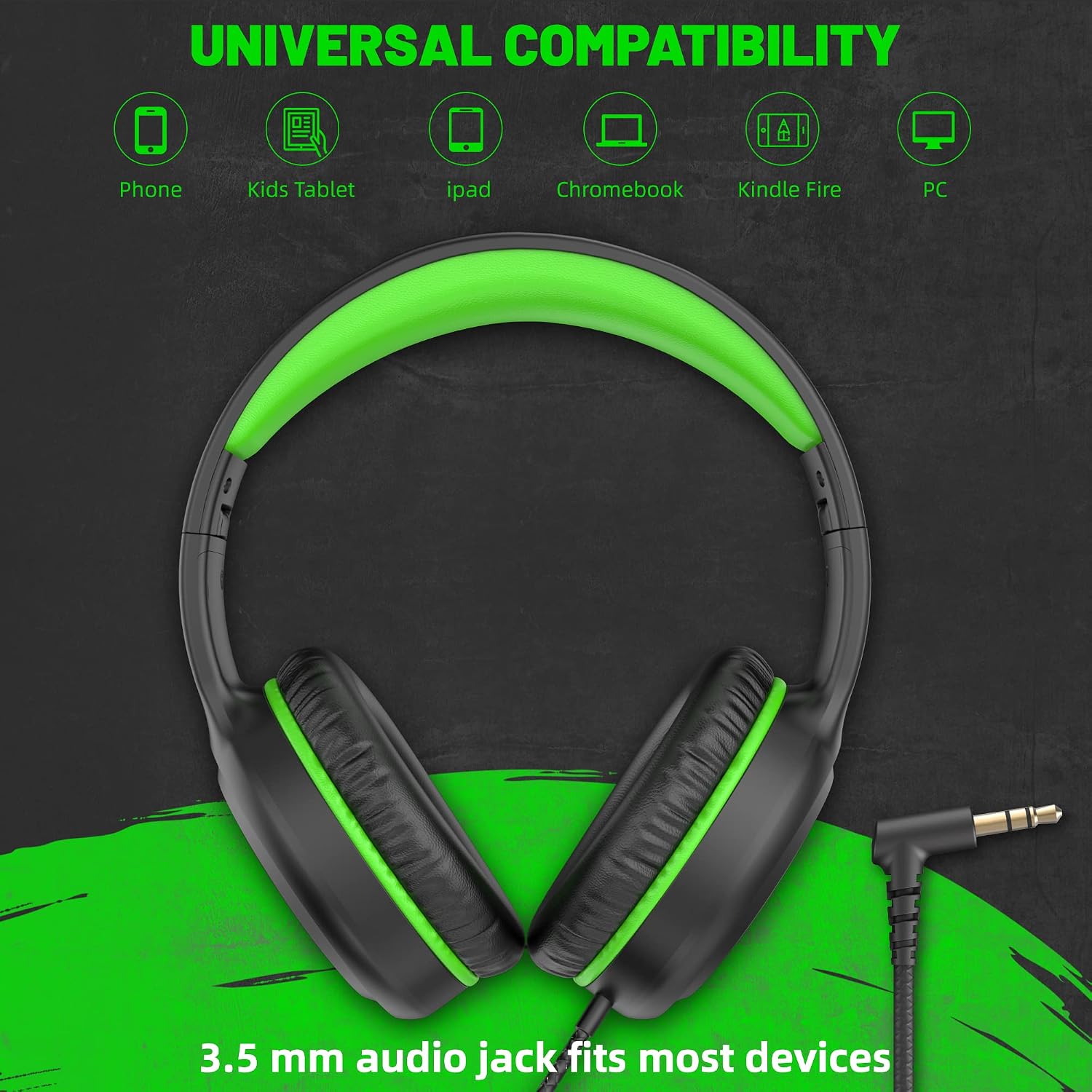 UKELALA U2 Wired Headphones for Kids for School Boys Girls w/ 3.5mm Jack | Foldable Lightweight Corded Head Phones On-Ear Compatible with Chromebooks Laptop Phones for Youth Student Child Black Green