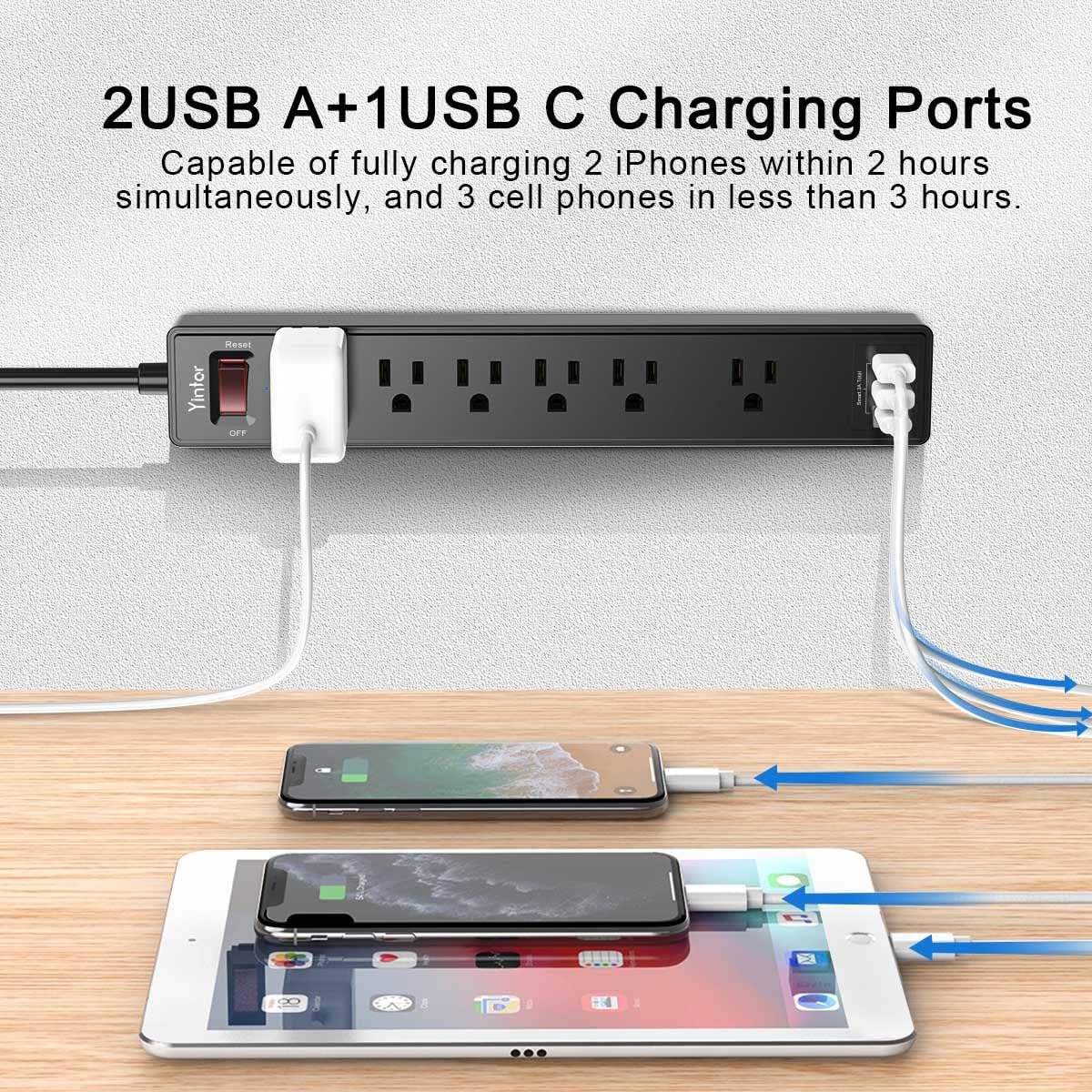 Yintar 6Ft Surge Protector Power Strip with 6 Outlets & 3 USB Ports. Black | 6 Feet Flat Plug Extension Cord with Multiple Outlets for Home. Office. Dorm Essentials. 1680 Joules. ETL Listed