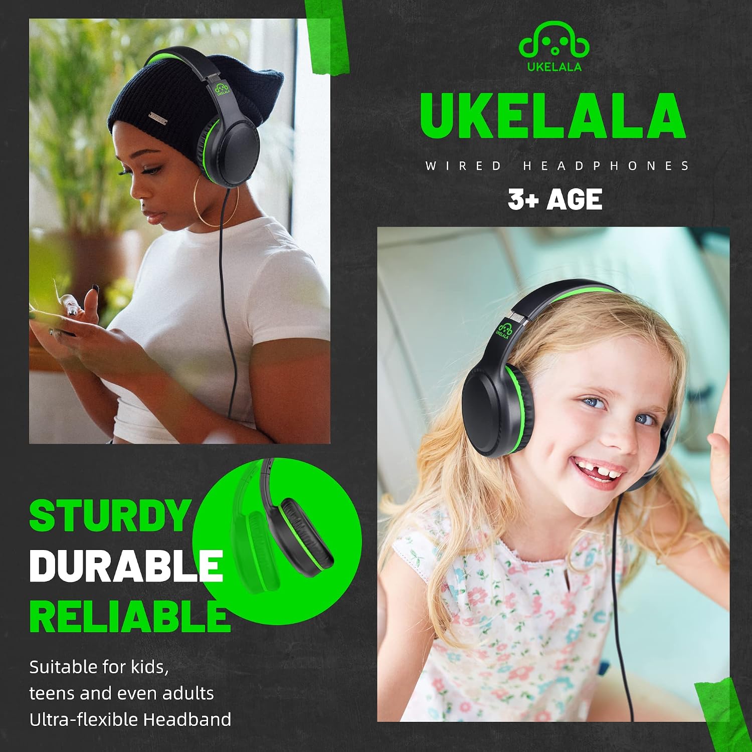 UKELALA U2 Wired Headphones for Kids for School Boys Girls w/ 3.5mm Jack | Foldable Lightweight Corded Head Phones On-Ear Compatible with Chromebooks Laptop Phones for Youth Student Child Black Green