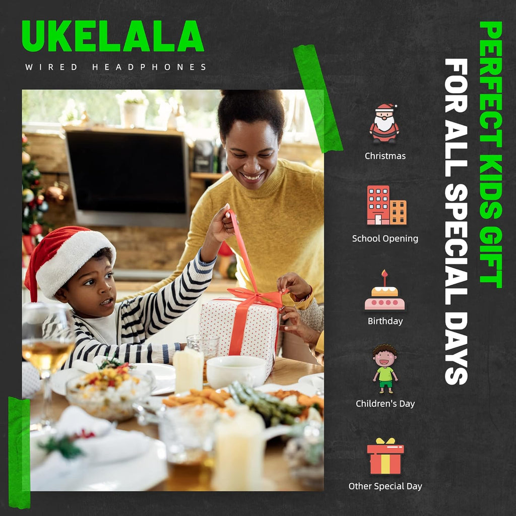UKELALA U2 Wired Headphones for Kids for School Boys Girls w/ 3.5mm Jack | Foldable Lightweight Corded Head Phones On-Ear Compatible with Chromebooks Laptop Phones for Youth Student Child Black Green