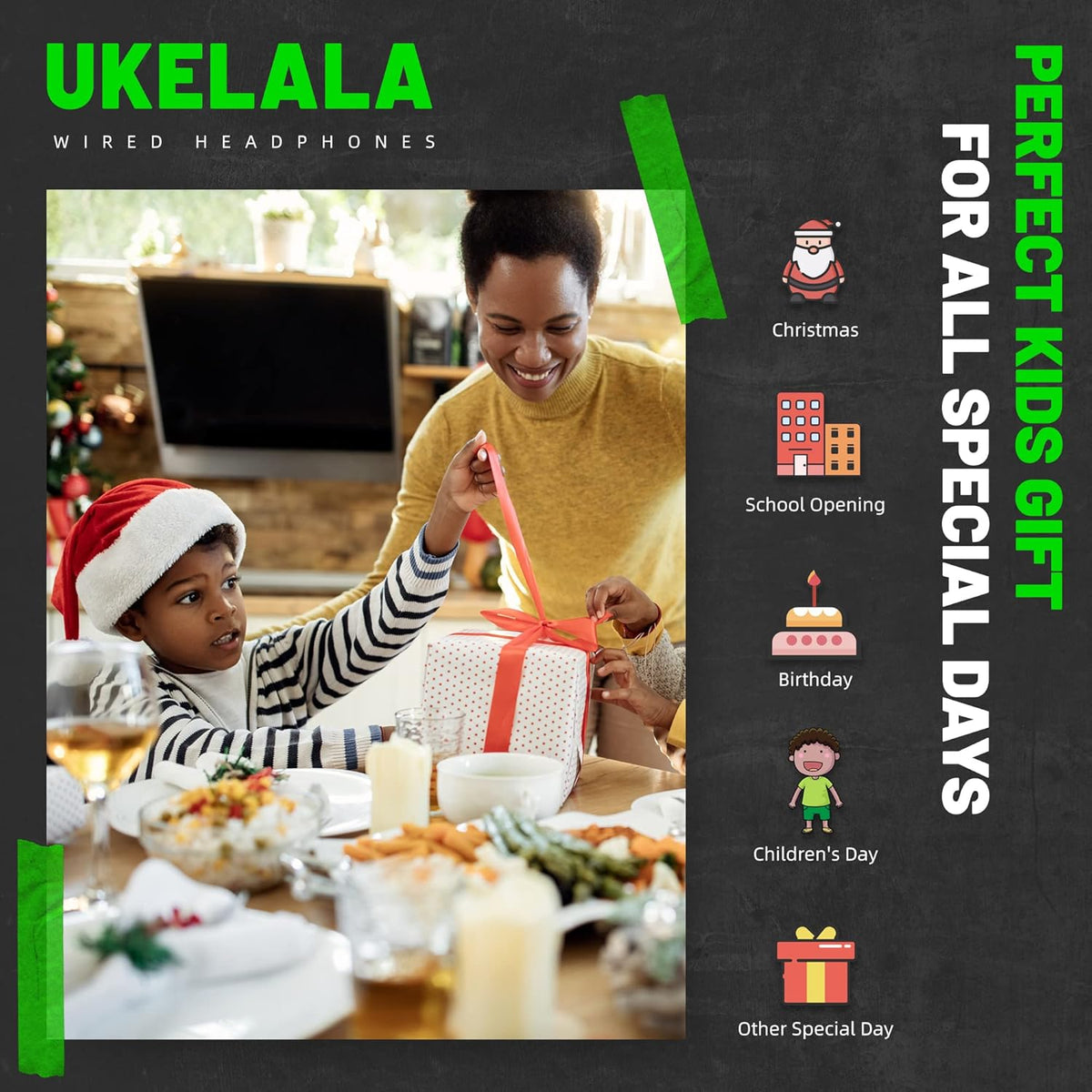 UKELALA U2 Wired Headphones for Kids for School Boys Girls w/ 3.5mm Jack | Foldable Lightweight Corded Head Phones On-Ear Compatible with Chromebooks Laptop Phones for Youth Student Child Black Green
