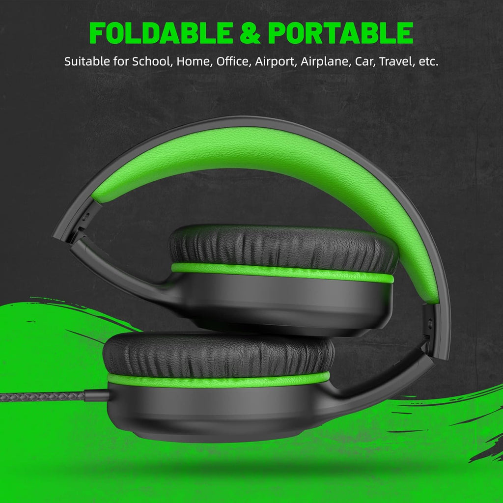 UKELALA U2 Wired Headphones for Kids for School Boys Girls w/ 3.5mm Jack | Foldable Lightweight Corded Head Phones On-Ear Compatible with Chromebooks Laptop Phones for Youth Student Child Black Green