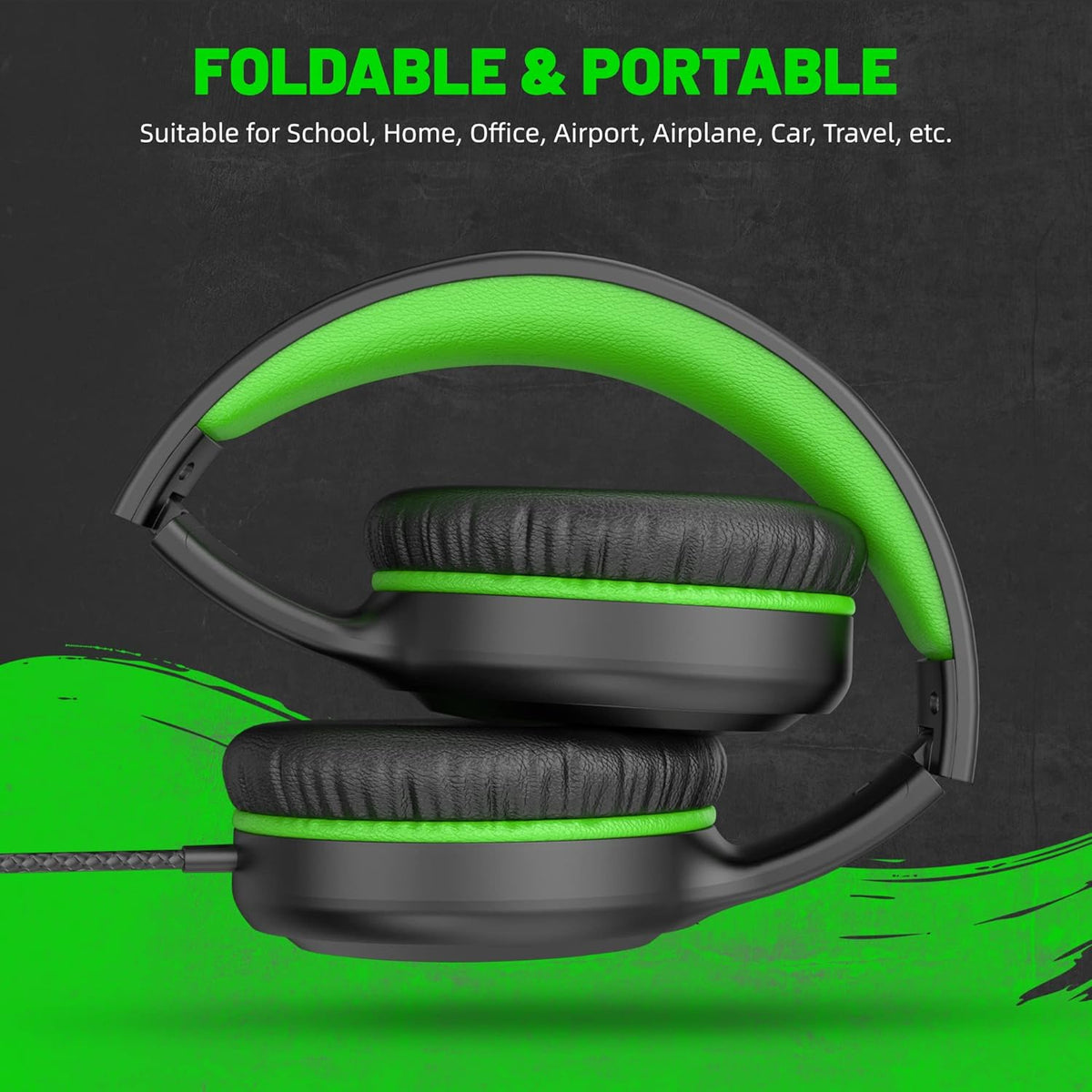 UKELALA U2 Wired Headphones for Kids for School Boys Girls w/ 3.5mm Jack | Foldable Lightweight Corded Head Phones On-Ear Compatible with Chromebooks Laptop Phones for Youth Student Child Black Green
