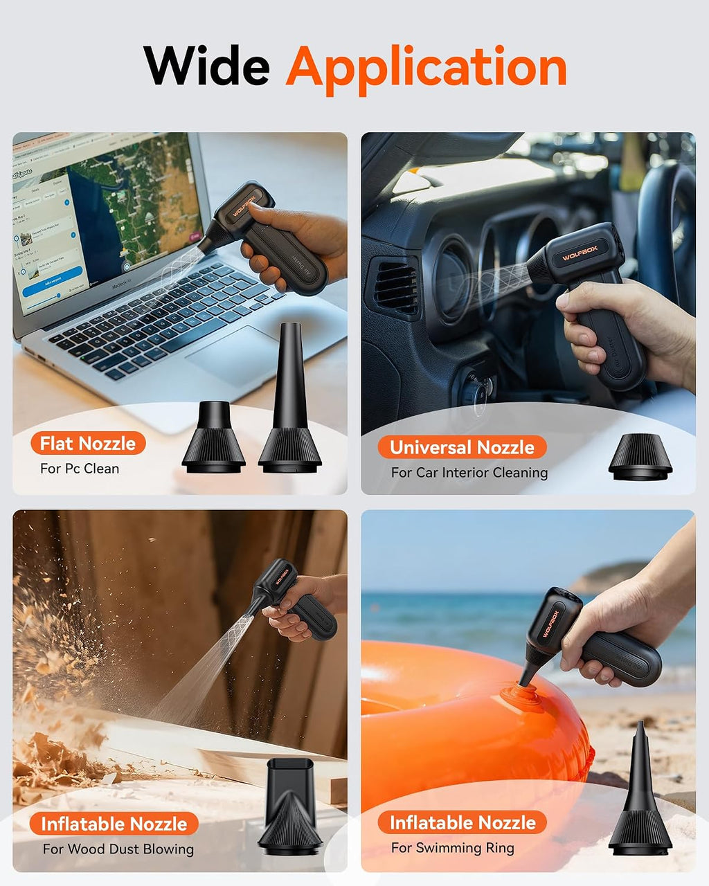 WOLFBOX MF60 Compressed Air Duster. 3-Speed Adjustable. Electric. Cordless | 110.000 RPM. Rechargeable. Air Blower. Fast Charging. PC Keyboard Cleaning. Car. Home. Black. 0.5 lb Lightweight