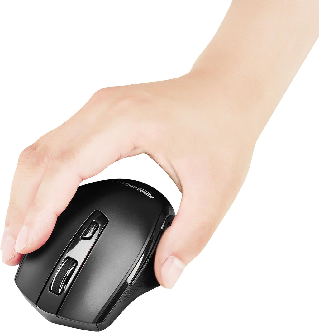 Amazon Basics Portable Wireless Computer Mouse. Ergonomic. 2.4 GHz Optical. DPI Adjustable. Easy to Use. Compatible With PC. Mac. Laptop. Black