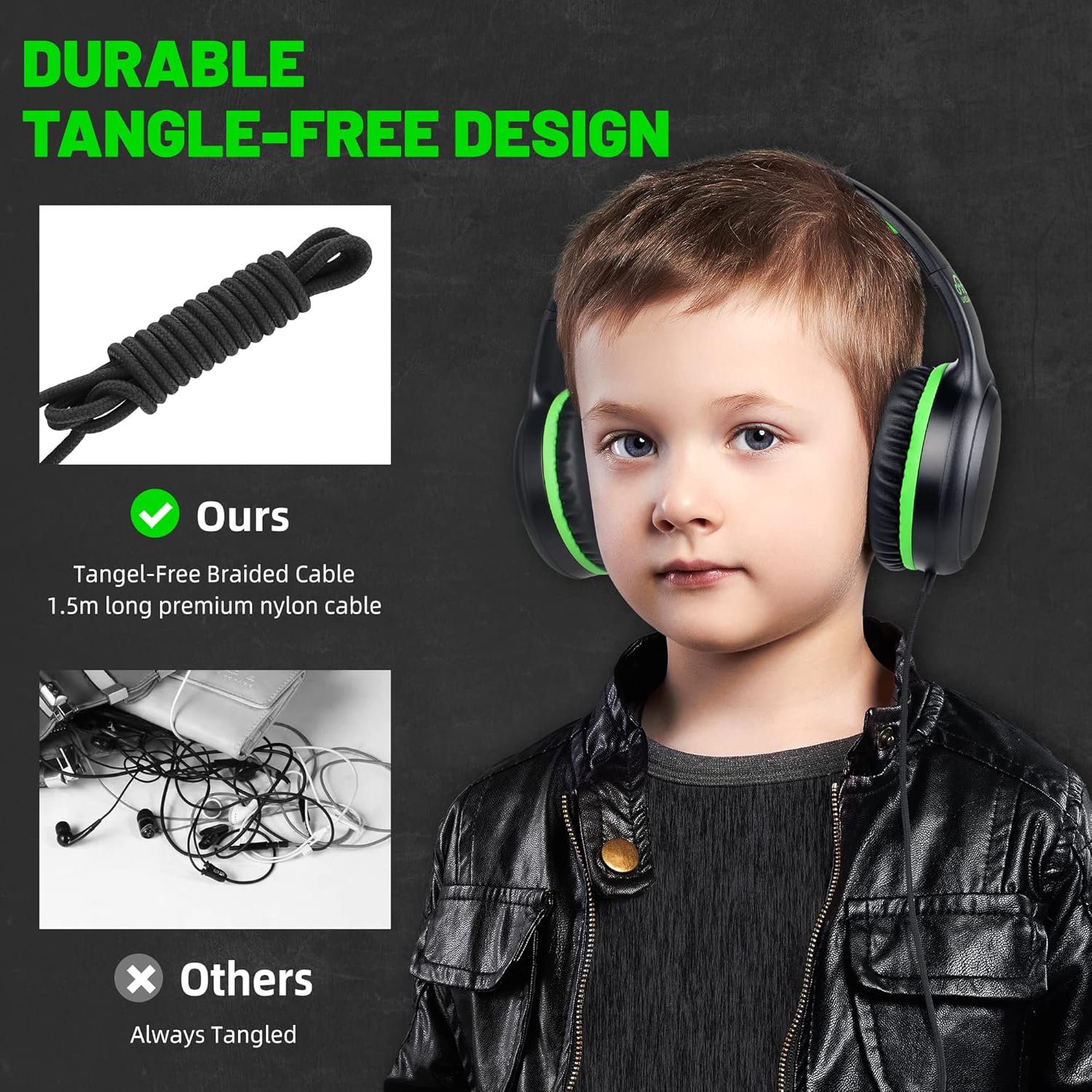 UKELALA U2 Wired Headphones for Kids for School Boys Girls w/ 3.5mm Jack | Foldable Lightweight Corded Head Phones On-Ear Compatible with Chromebooks Laptop Phones for Youth Student Child Black Green